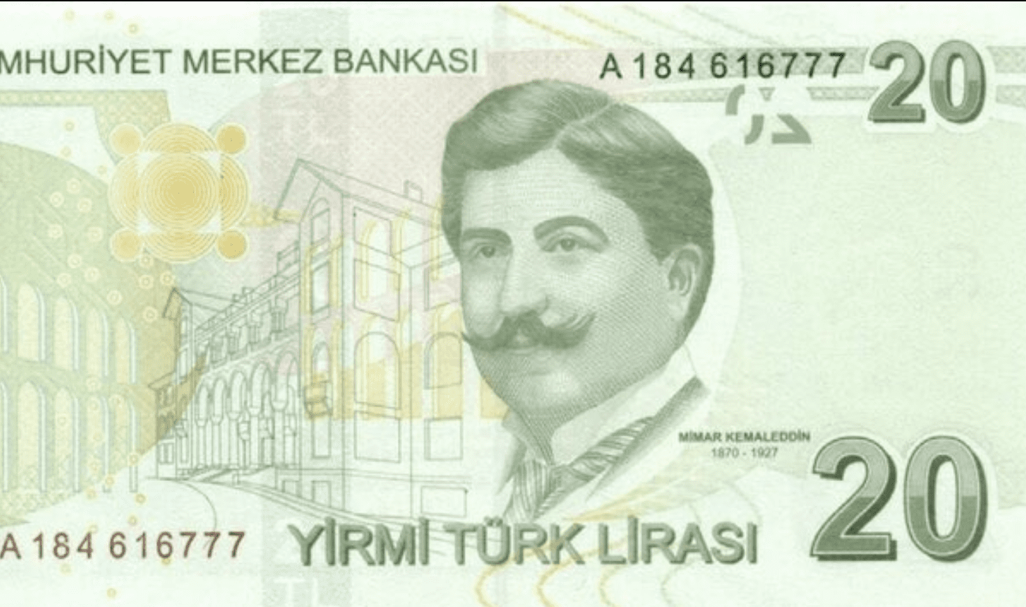 Mimar Kemaleddin'in olduğu bir 20 Türk lirası