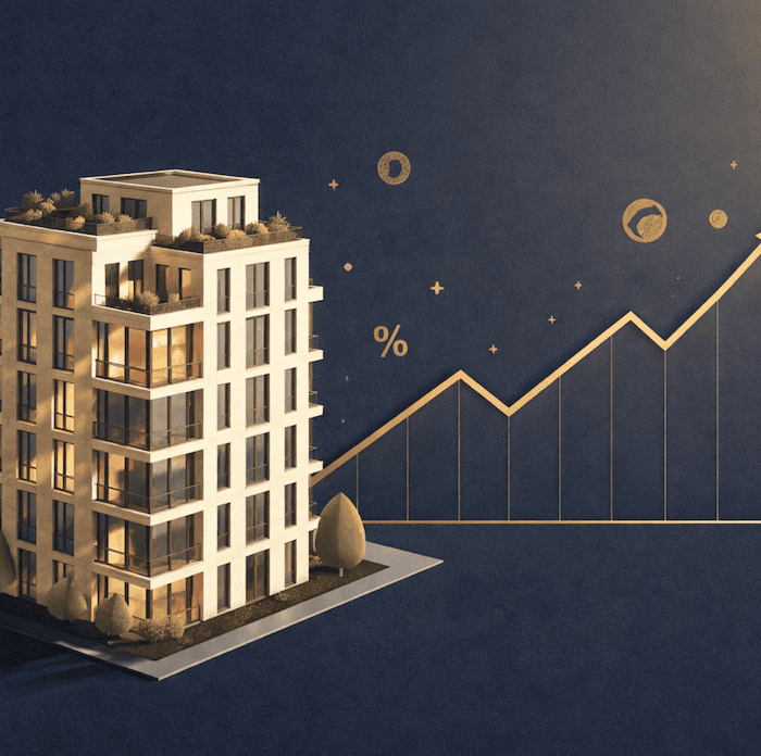 Kira getirisi hesaplama: apartman binası ve yükselen getiri grafiği illüstrasyonu