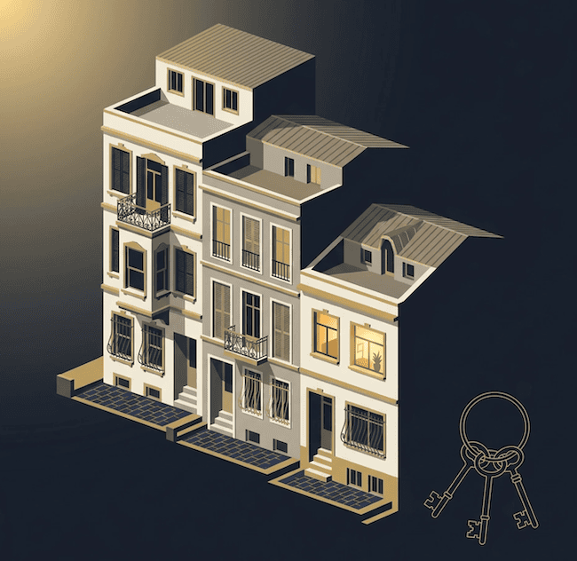 Cihangir'in yokuşlu sokağında kademeli tarihi apartmanlar ve anahtar illüstrasyonu