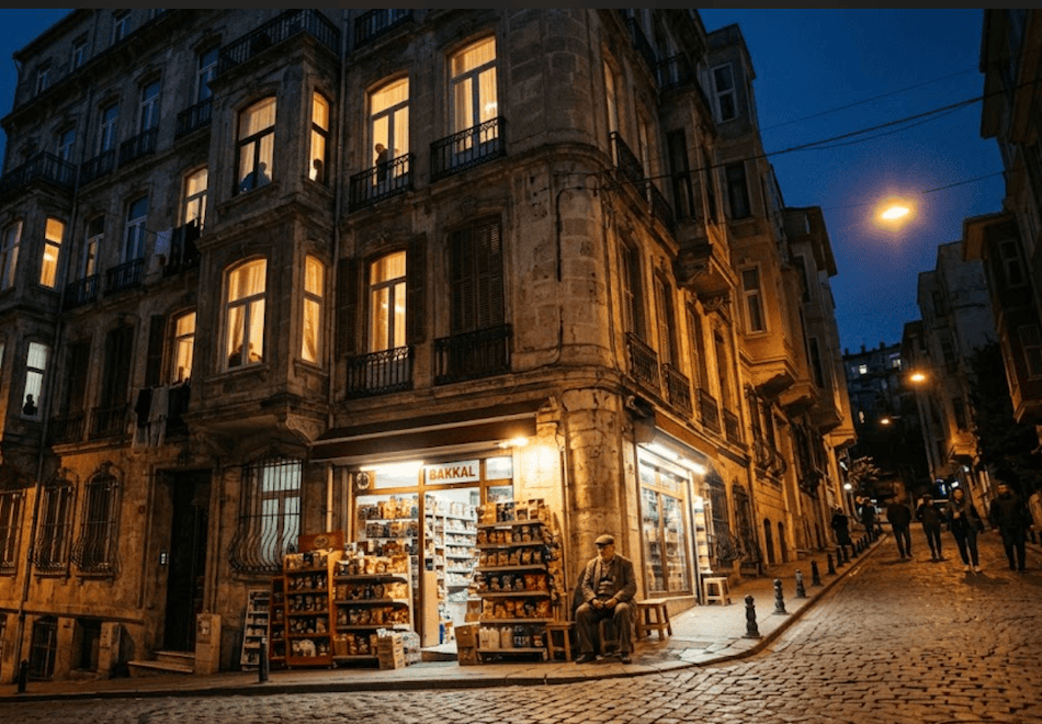 Beyoğlu Firuzağa'da gece dik ve dar bir sokak ile tarihi apartmanlar, temsili görsel