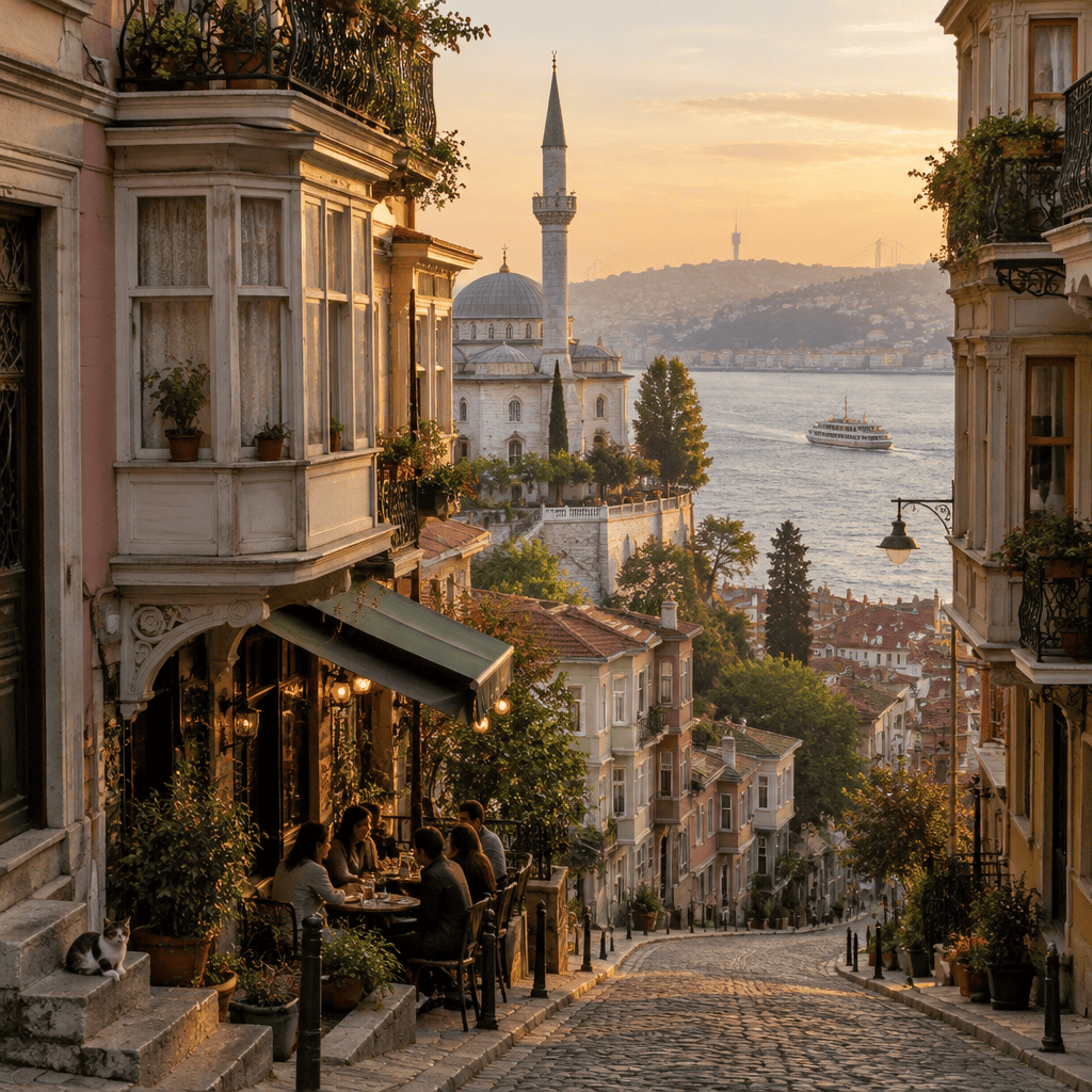Cihangir Mahallesi: yokuşlu sokak, tarihi apartmanlar, Cihangir Camii ve arkada Boğaz